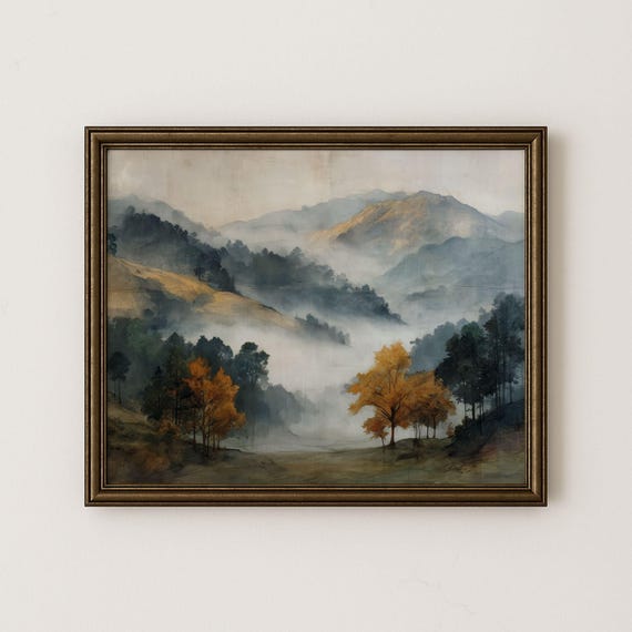 Watercolor Misty Mountain Valley Print Rustic Autumn Landscape H43