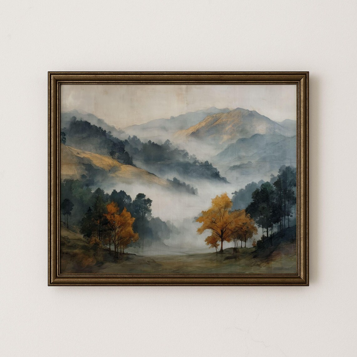 Misty Autumn Mountain Valley Golden Trees Art Watercolor Poster