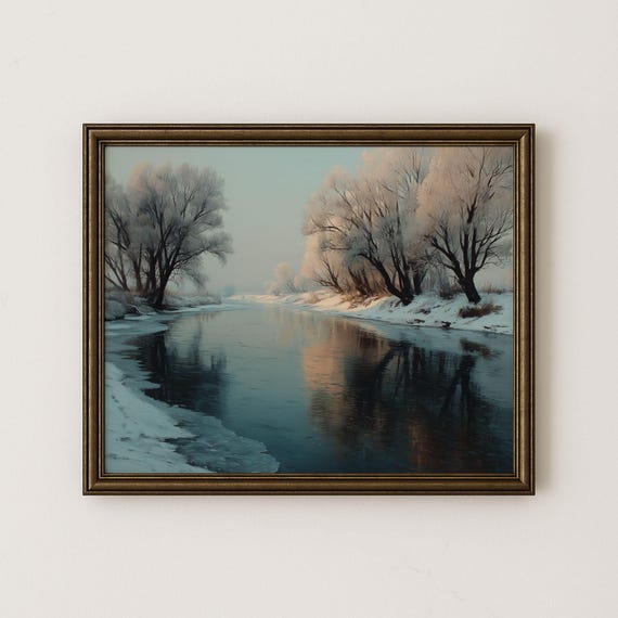 Winter River Landscape Print Tranquil Willow Trees