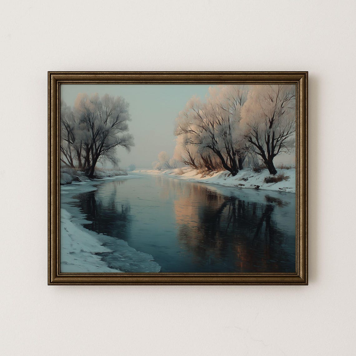 Serene Winter River With Frosted Trees and Still Snow Poster