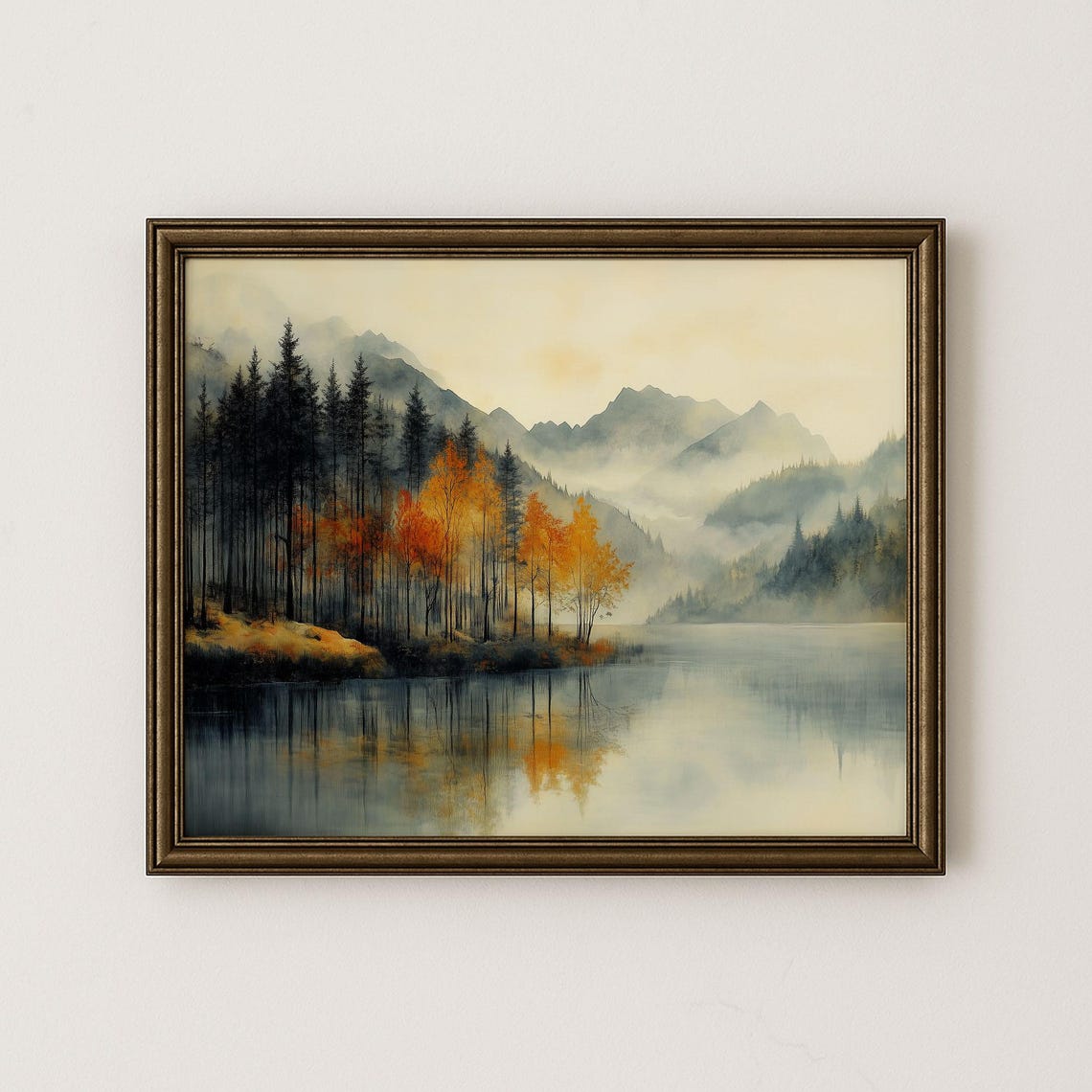 Misty Mountain Lake Art Print Vintage Autumn Landscape H241