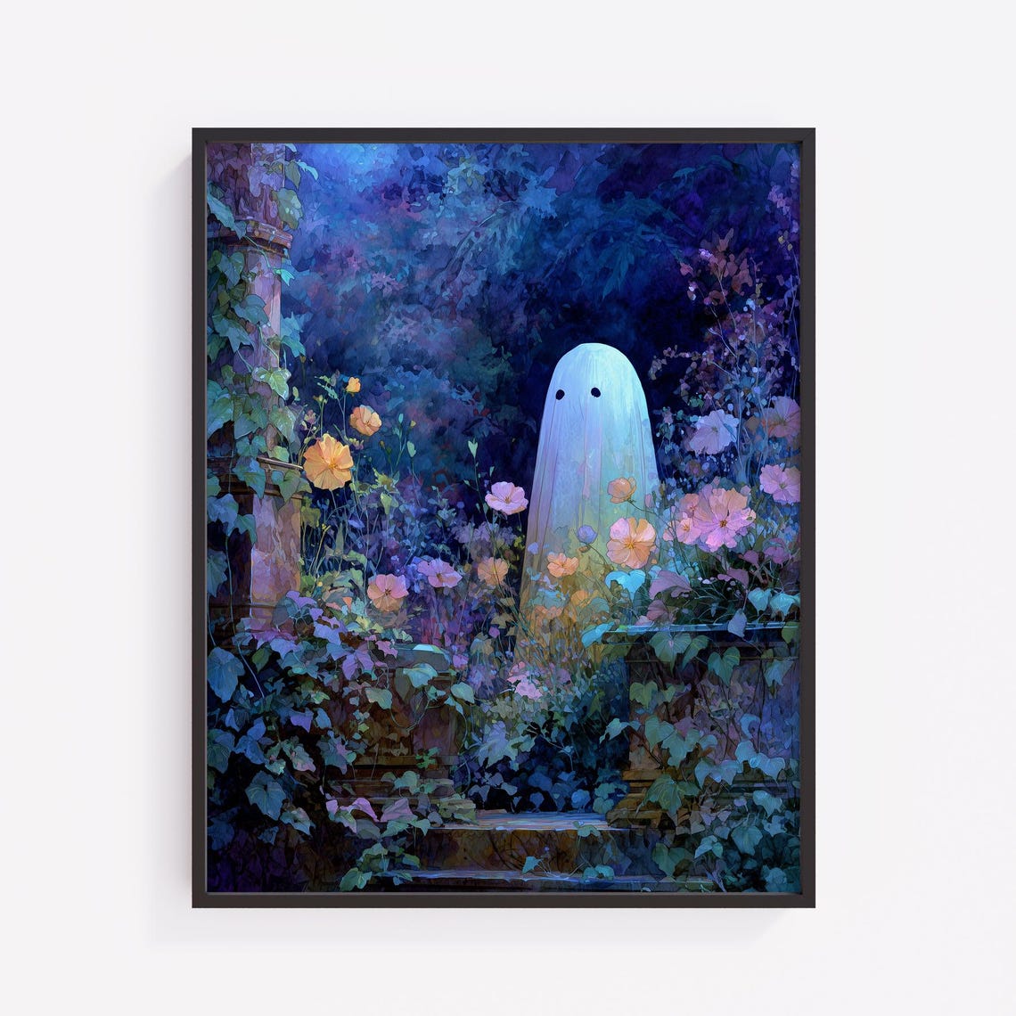 Cute Ghost in Moonlit Flower Garden Whimsical Night Art Poster