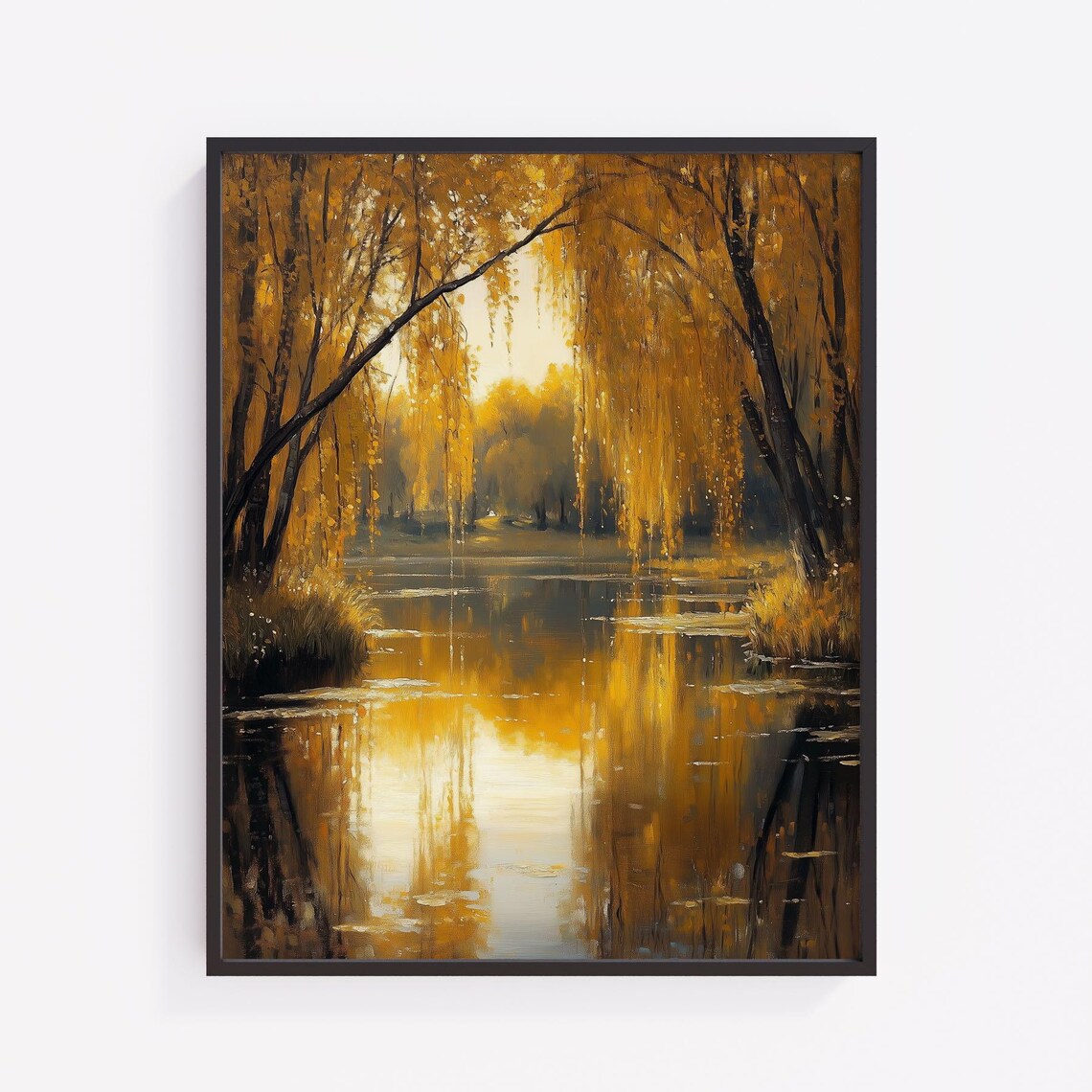 Golden Willow Pond Sunset Reflection Luminous Autumn Landscape Poster