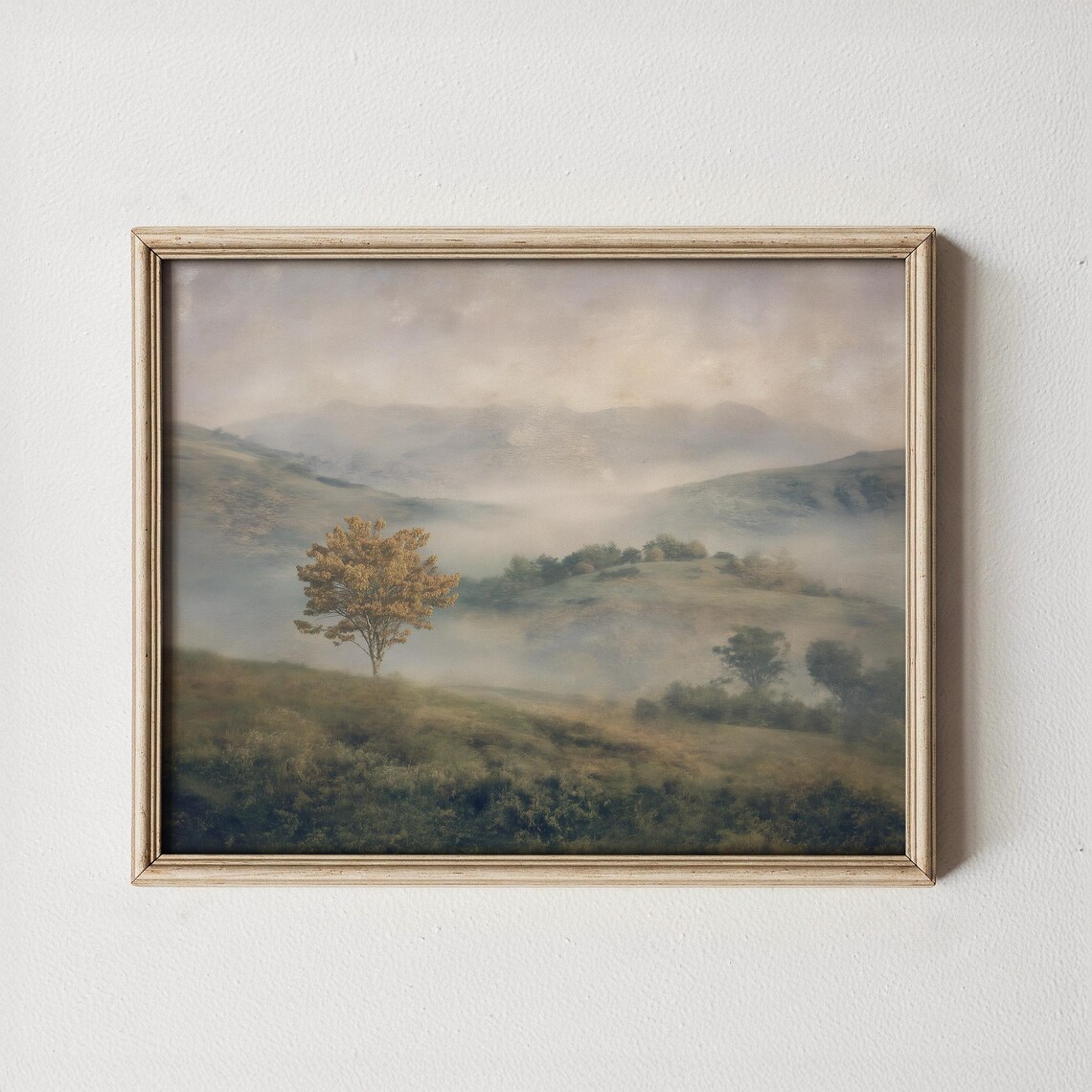 Autumn Fog Golden Tree Misty Hills Vintage Style Landscape Wall Art