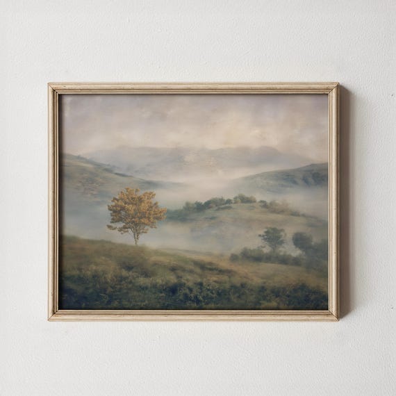Autumn Fog Landscape Painting Vintage Golden Tree Scene