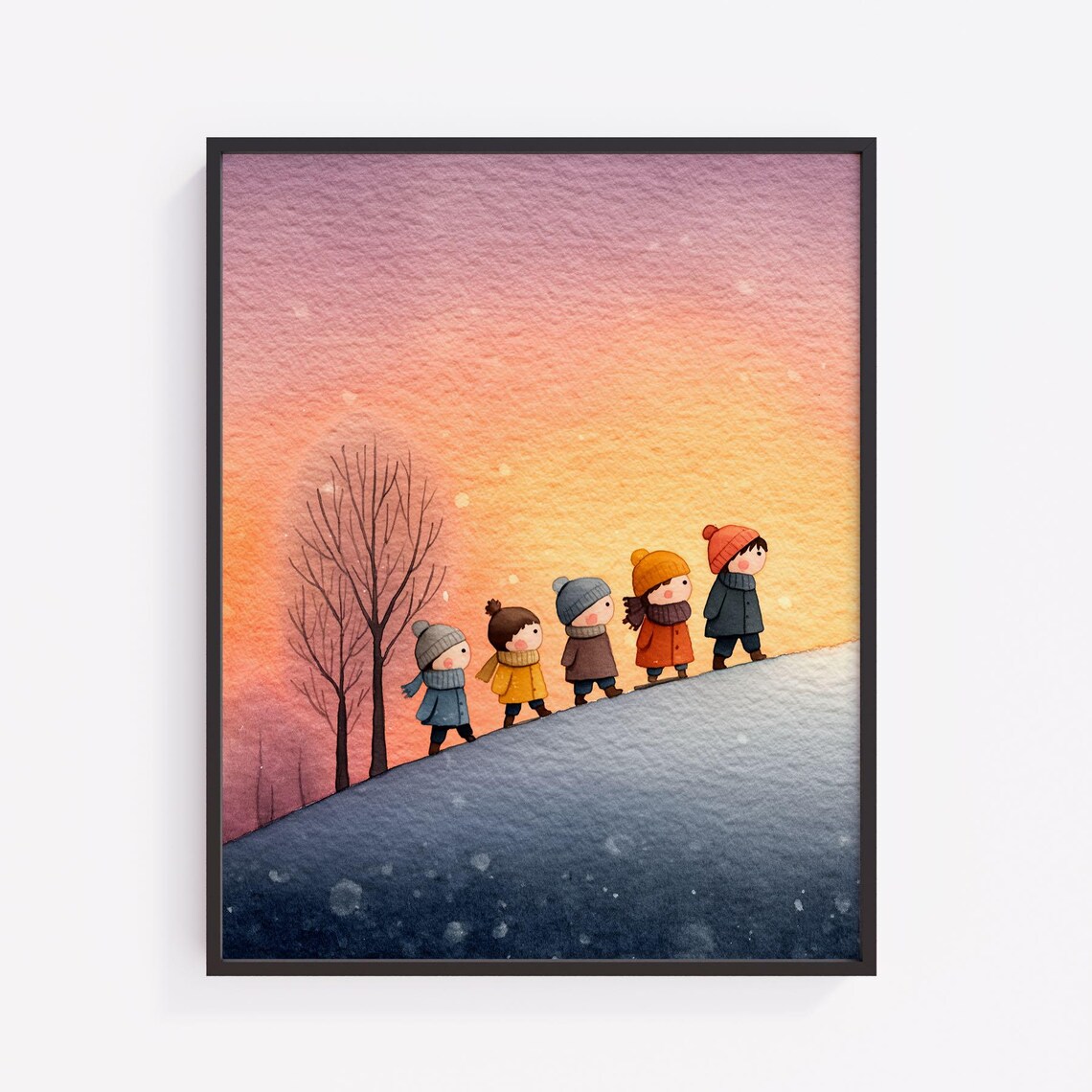 Children Walking Snowy Hill Sunset Watercolor Cozy Kids Poster