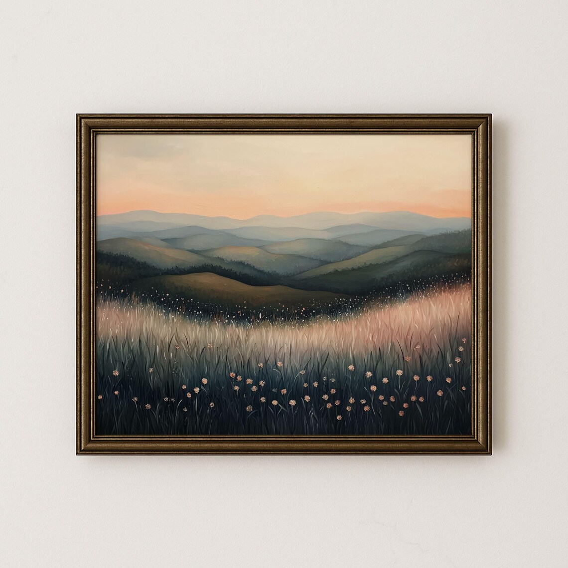 Misty Sunrise Hills Meadow Wildflowers Serene Landscape Poster