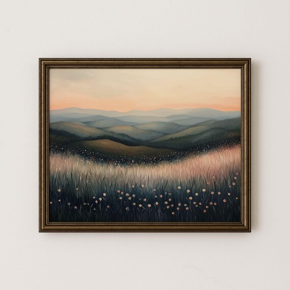 Rolling Hills And Meadow Oil Painting Moody Landscape Rustic Decor Earthy