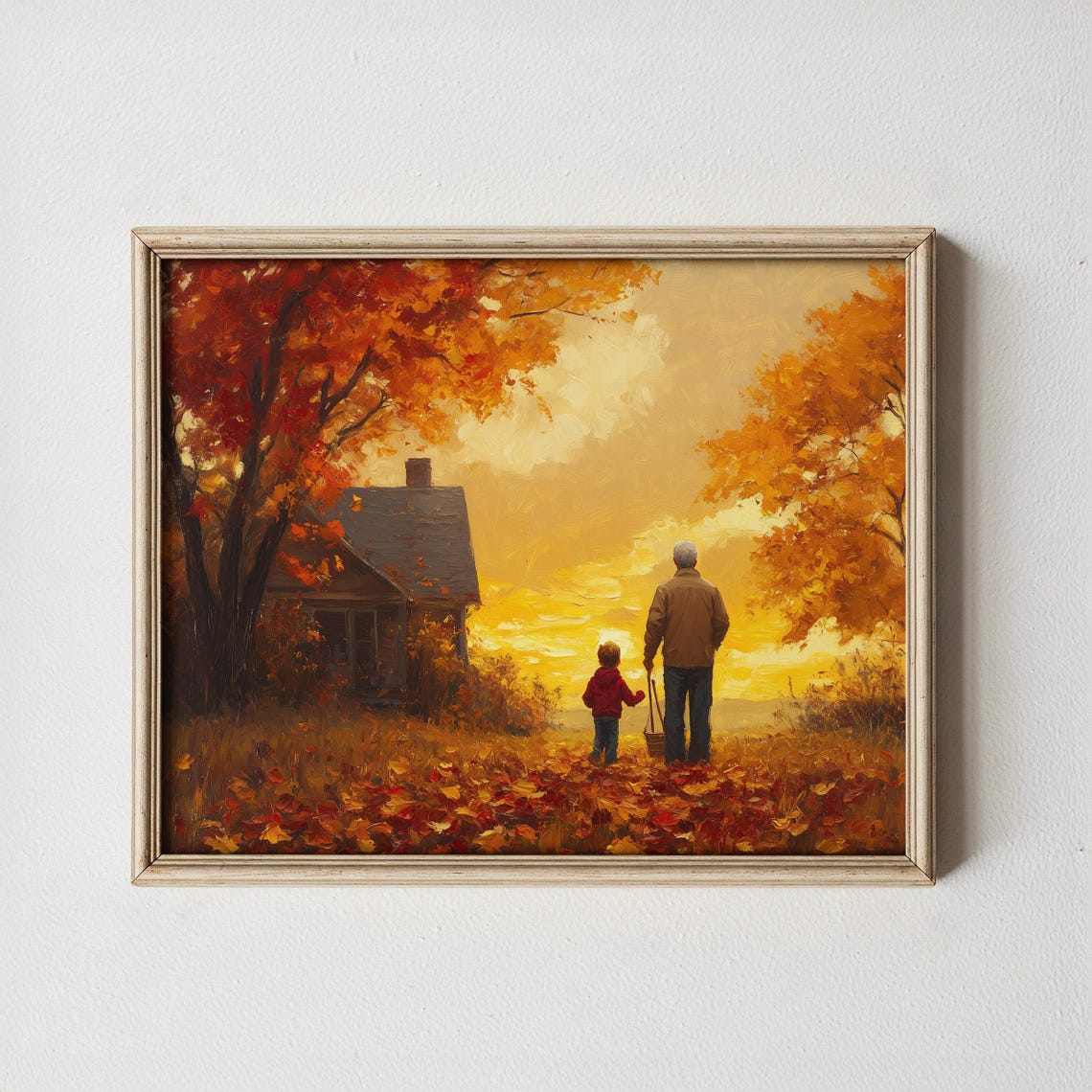 Rustic Autumn Grandfather Child Painting Farmhouse Fall Art