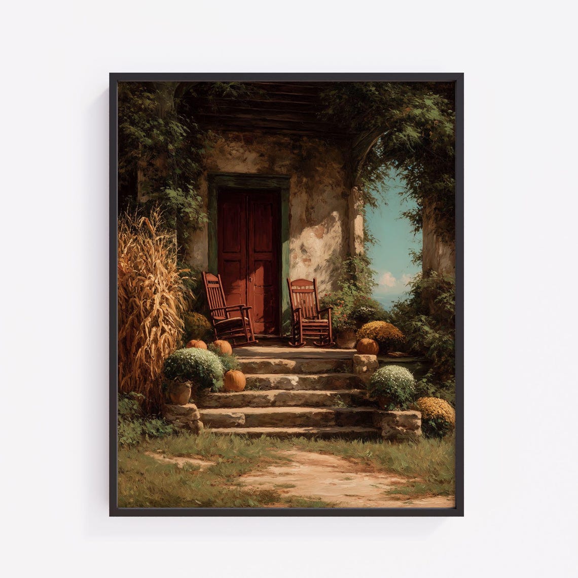 Autumn Porch Scene Print Vintage Farmhouse Decor 7