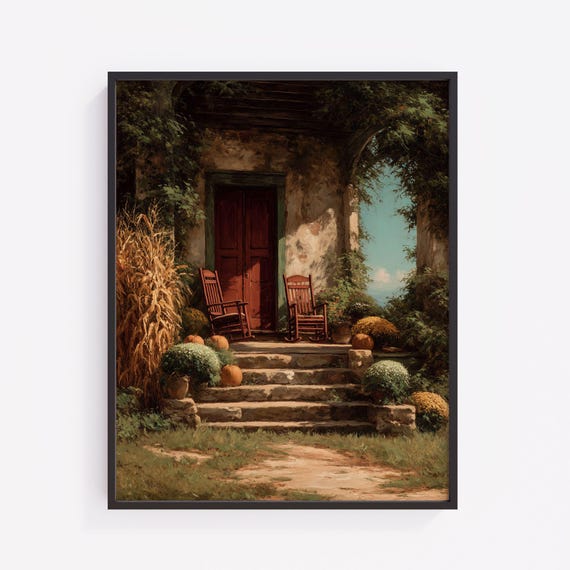Autumn Porch Scene Print Vintage Farmhouse Decor 7