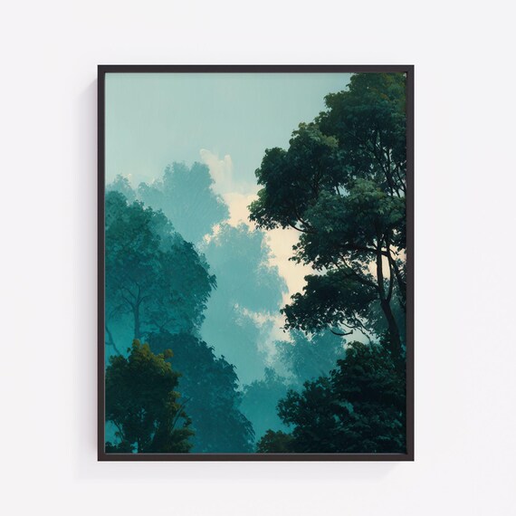 Moody Forest Landscape Art Minimalist Nature Wall Decor Teal And Green Treetops Painting Calm Modern Print 416