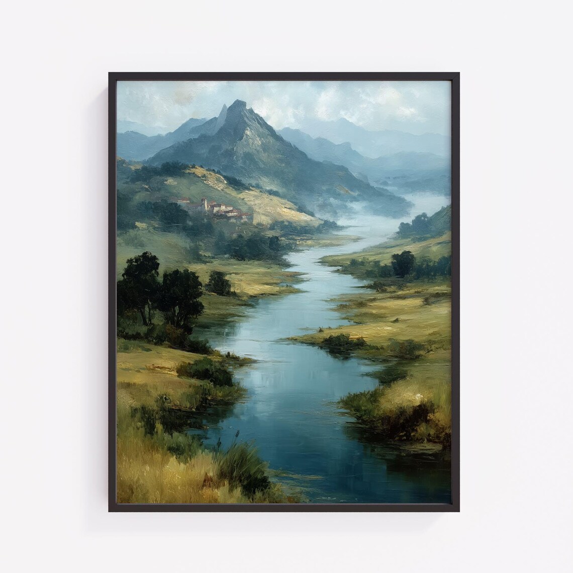 Misty Mountain River Valley Vintage Oil Landscape Painting Poster