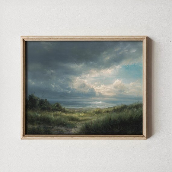 Moody Coastal Landscape Painting Rustic Stormy Seascape Scenic Dunes With Roses Vintage Art Print Wall Decor 451