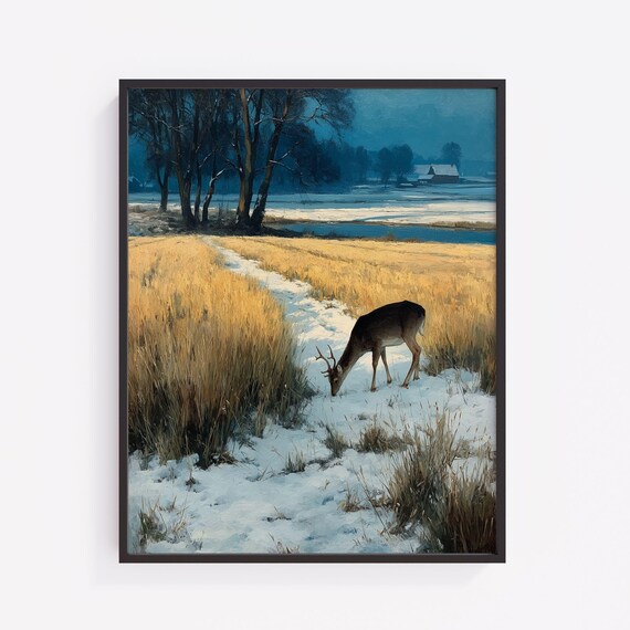 Winter Deer In Snowy Field Art Print Rustic Landscape 140