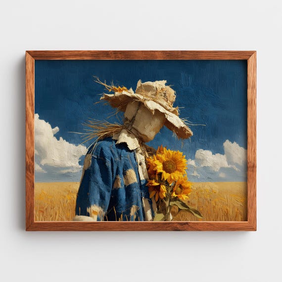 Rustic Scarecrow Artwork Vintage Farmhouse Painting Autumn Harvest Scene Textured With Sunflowers Wall Art 364