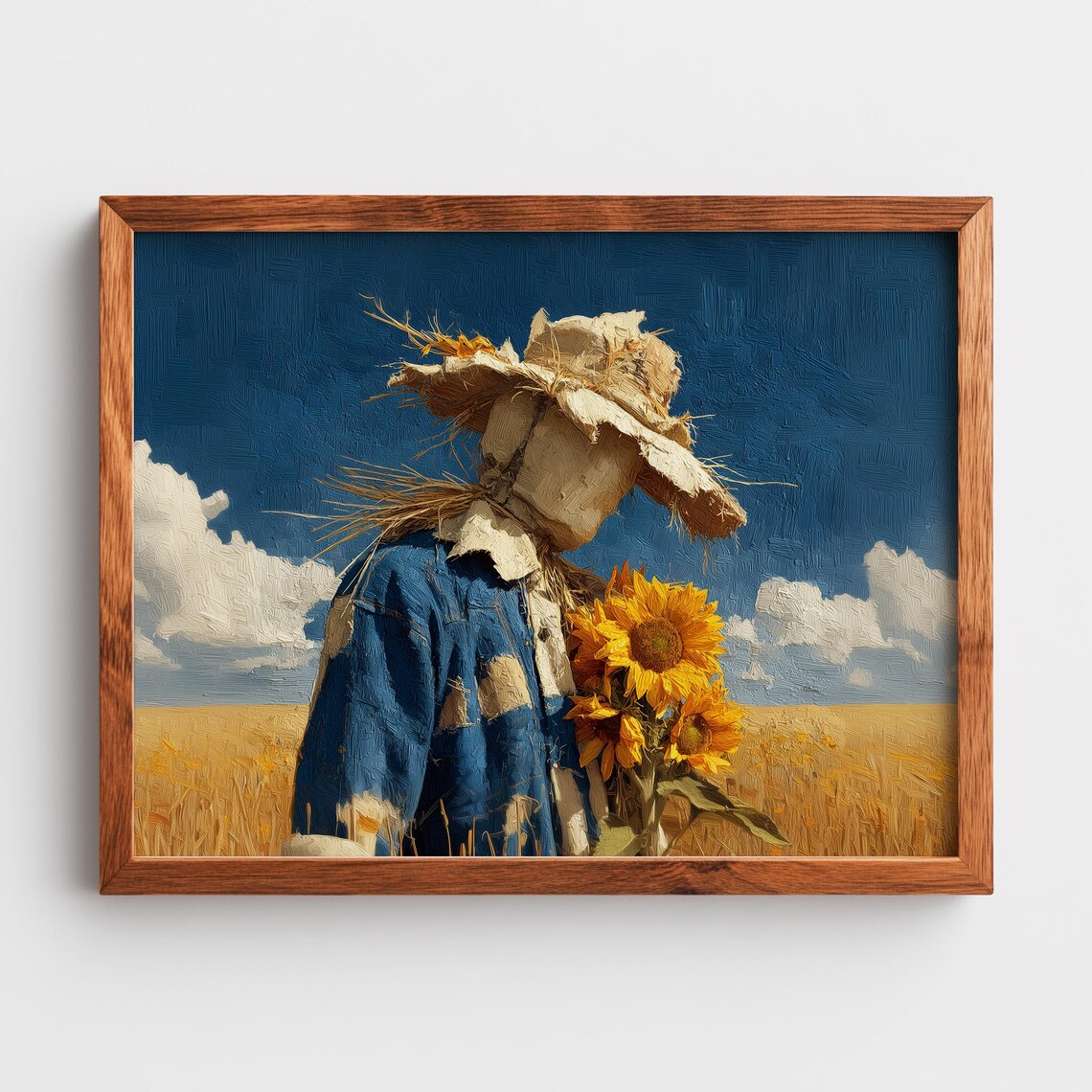 Rustic Scarecrow Sunflowers Wheat Field Blue Sky Autumn Poster