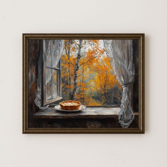 Autumn Window View Painting Rustic Cottage Scene