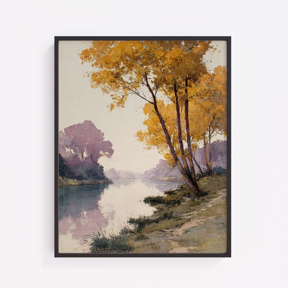 Autumn Riverbank Watercolor Print Vintage Fall Landscape V318