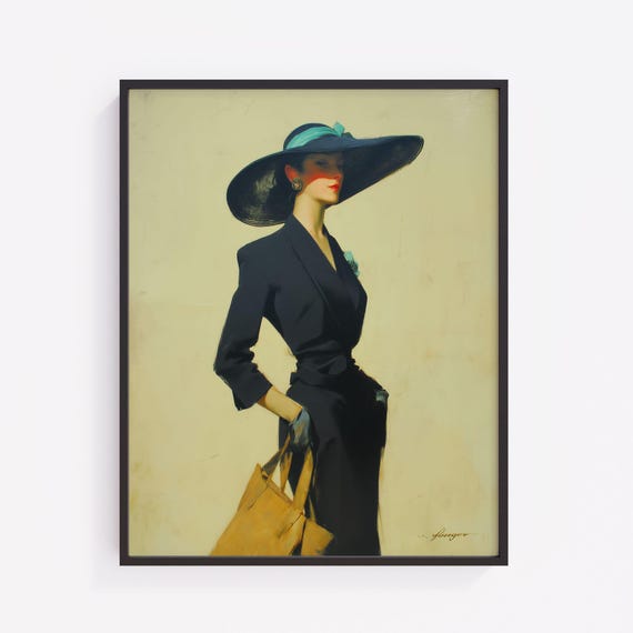 Vintage Lady In Blue Hat Art Print Elegant Summer Style