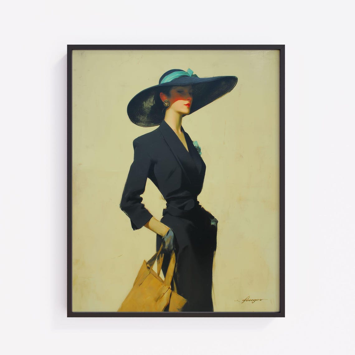 Vintage Lady In Blue Hat Art Print Elegant Summer Style