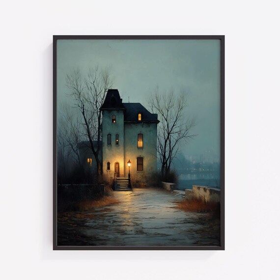 Haunted Victorian Mansion Print Moody Gothic Night Scene V321