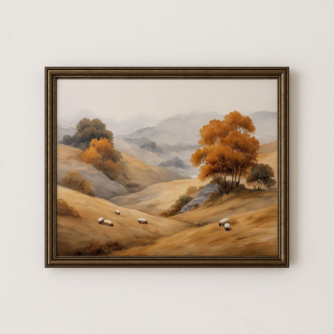 Grazing Sheep on Golden Autumn Hills Vintage Pastoral Poster