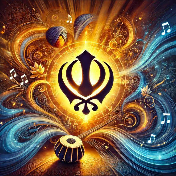 Black Khanda Silhouette on Gold with Tabla and Musical Notes Art Poster