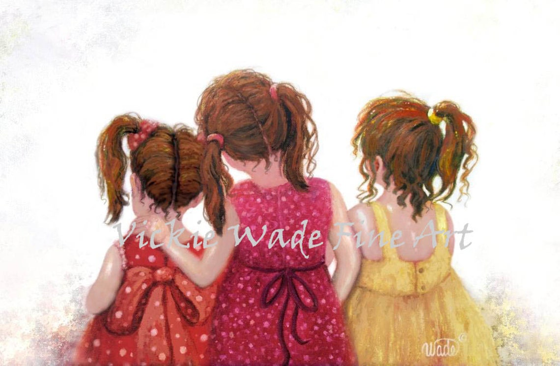 Three Redhead Sisters in Party Dresses Hugging from Behind Poster