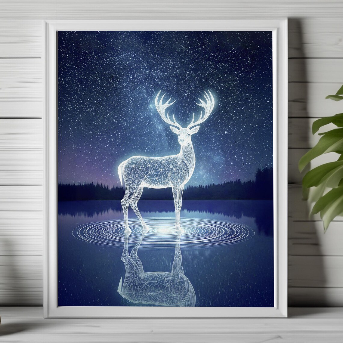 Glowing Geometric Deer by Moonlit Lake Starry Night Spirit Art Poster