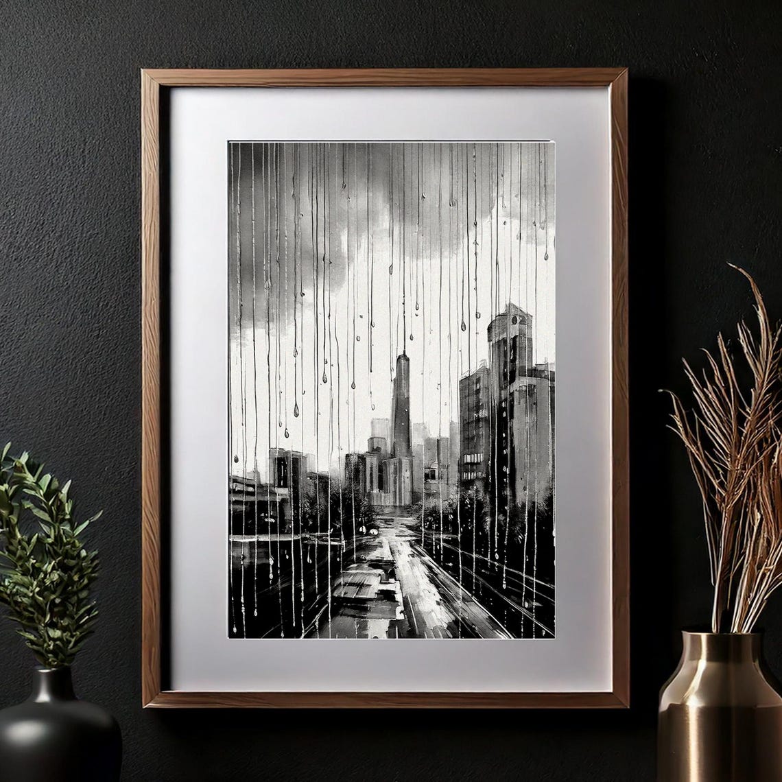 Monochrome Cityscape Art Moody Art Print Dark Mood Art Rainy City Print Art For Apartment Black And White Art 046 - Image 3
