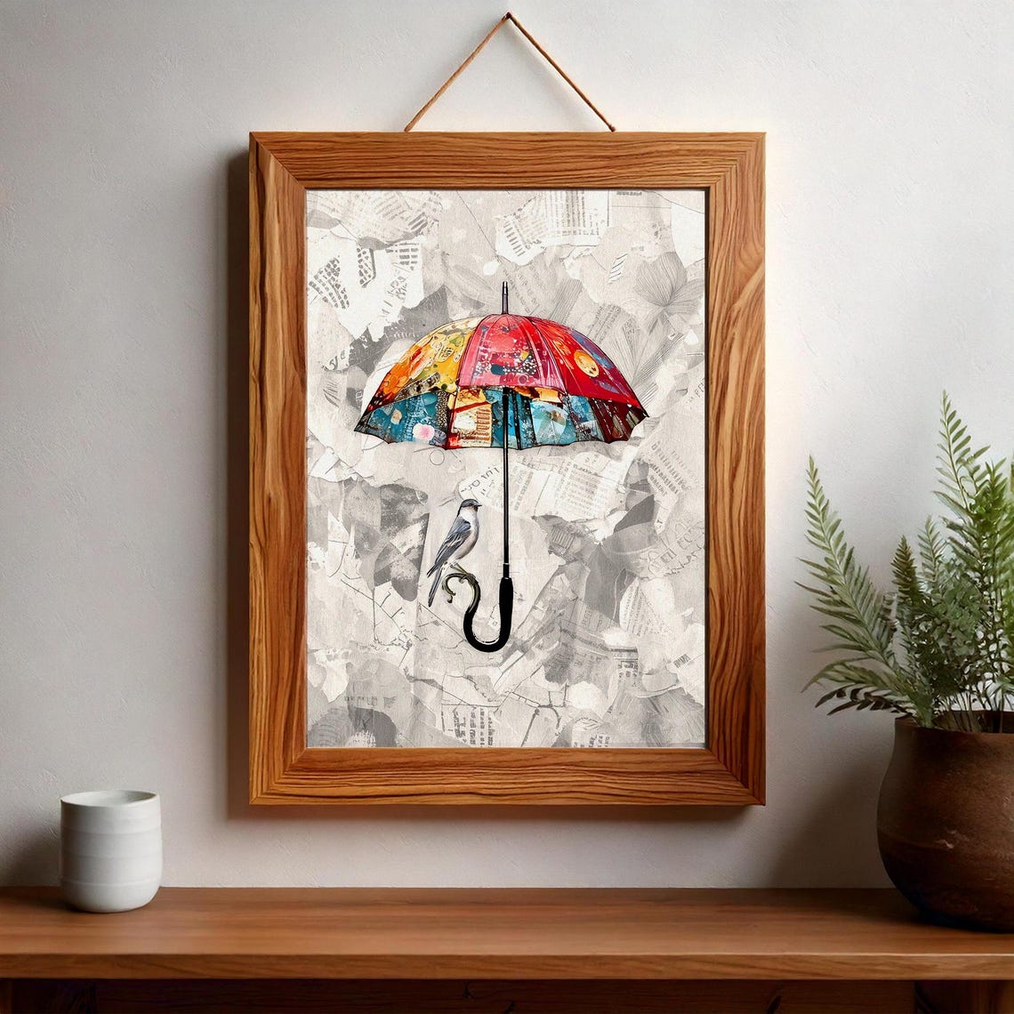 Colorful Patchwork Umbrella with Perched Songbird Collage Poster - Image 2
