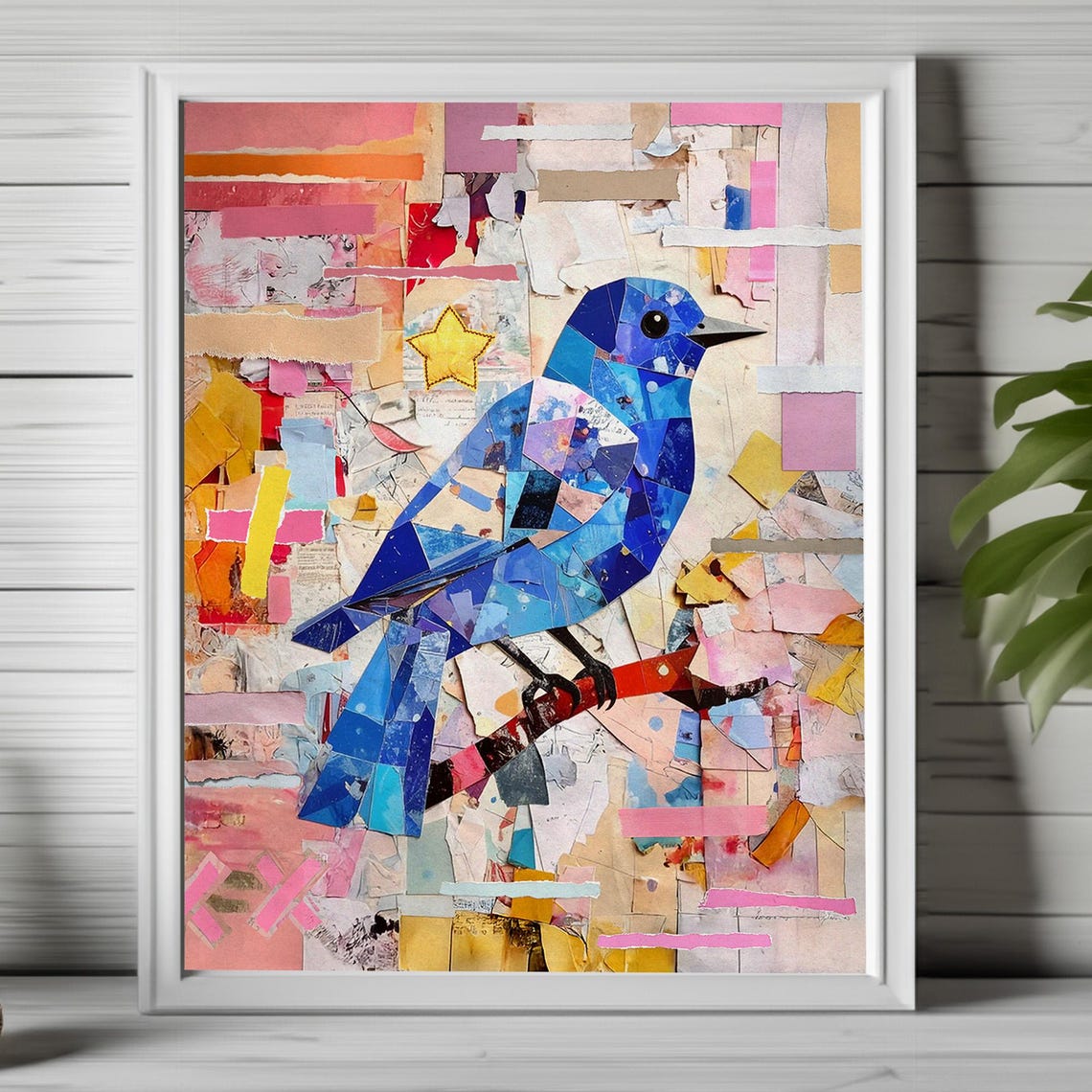 Bluebird Paper Collage Bird on Branch Colorful Abstract Poster
