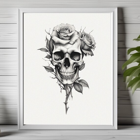 Skull Wall Art And Roses Print Dark Moody Gothic Floral Printhalloween 282