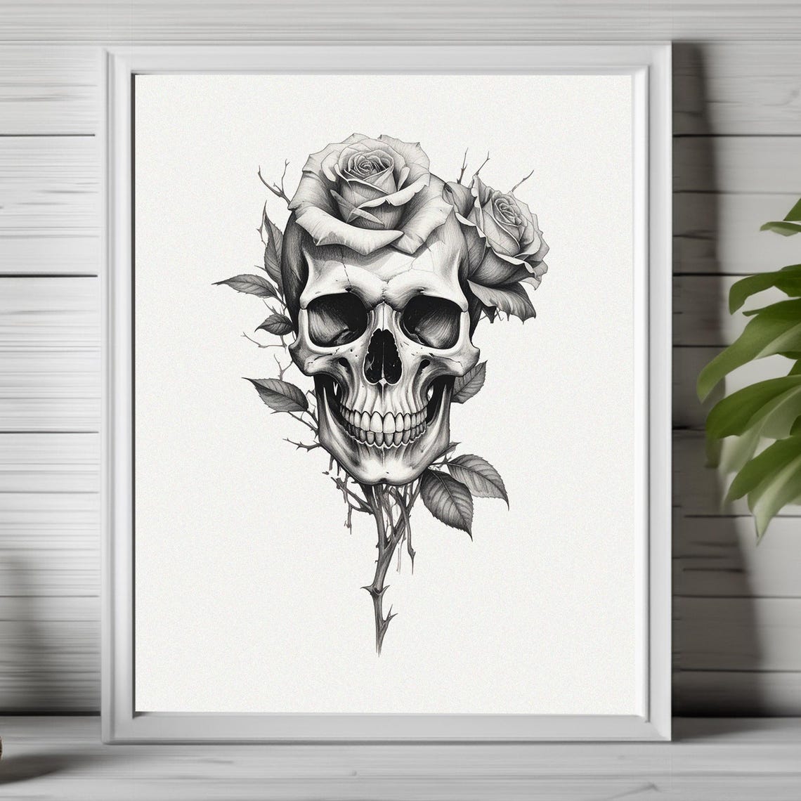 Dark Gothic Skull With Roses Black And White Moody Floral Art Poster