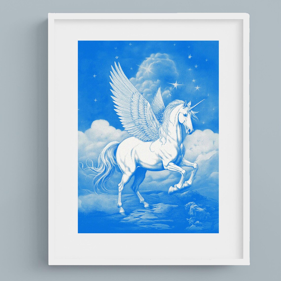 Majestic White Winged Unicorn in Starry Blue Sky Fantasy Poster - Image 3