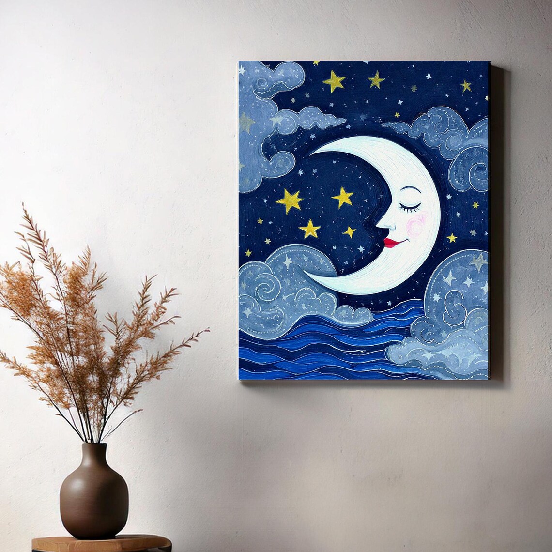 Dreamy Smiling Crescent Moon with Golden Stars Nursery Poster - Image 3