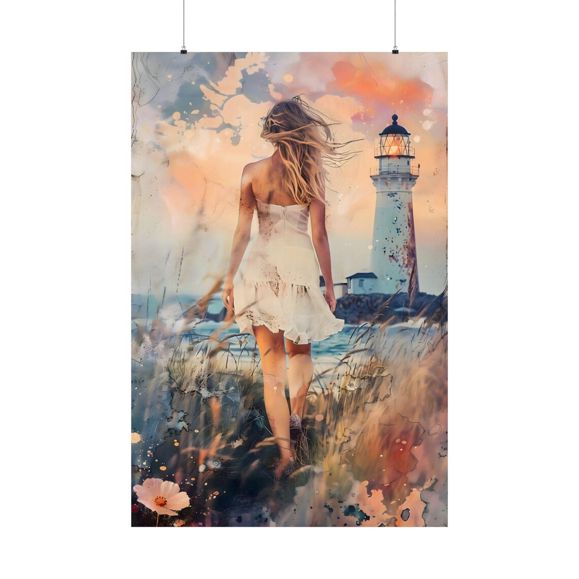 Girl in White Dress Walking to Lighthouse Sunset Watercolor Poster