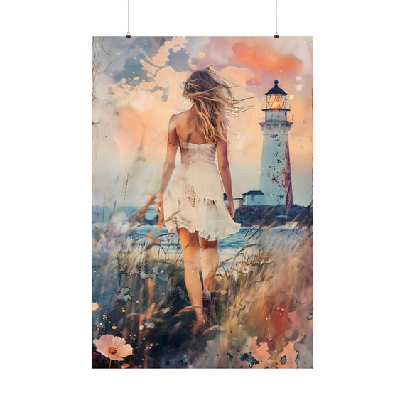 Flower Field Lighthouse Walk Poster Beachy Wall Art White Dress Girl Print Ocean Landscape Decor Coastal Cowgirl Artwork Summer Decoration