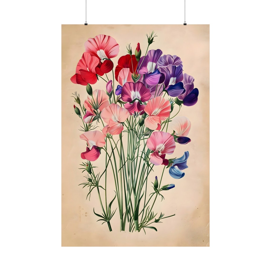 Vintage Sweet Pea Bouquet Botanical Flower Illustration Art Print