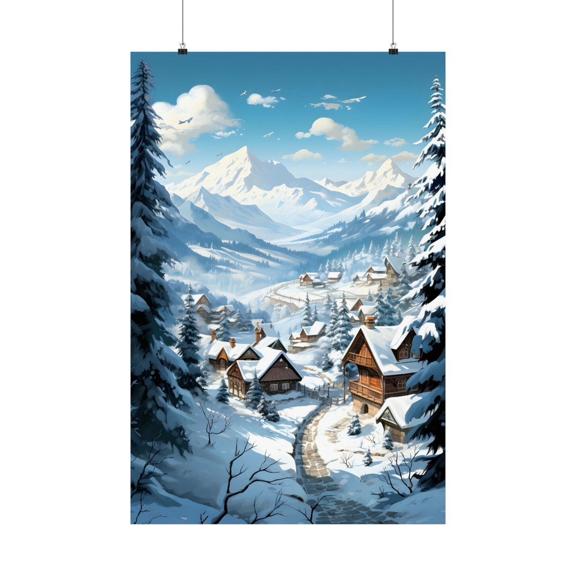 Snowy Alpine Mountain Village Winter Cabin Landscape Art Poster