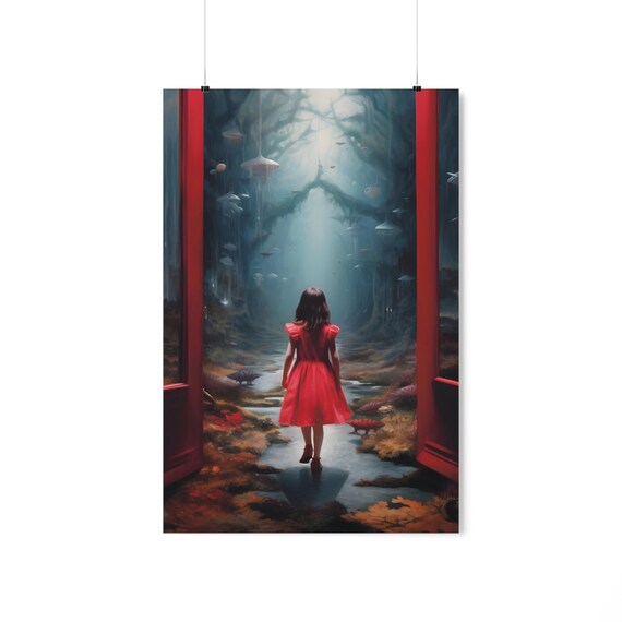 Surreal Forest Door Poster Girl in Red Dress Misty Umbrella Art