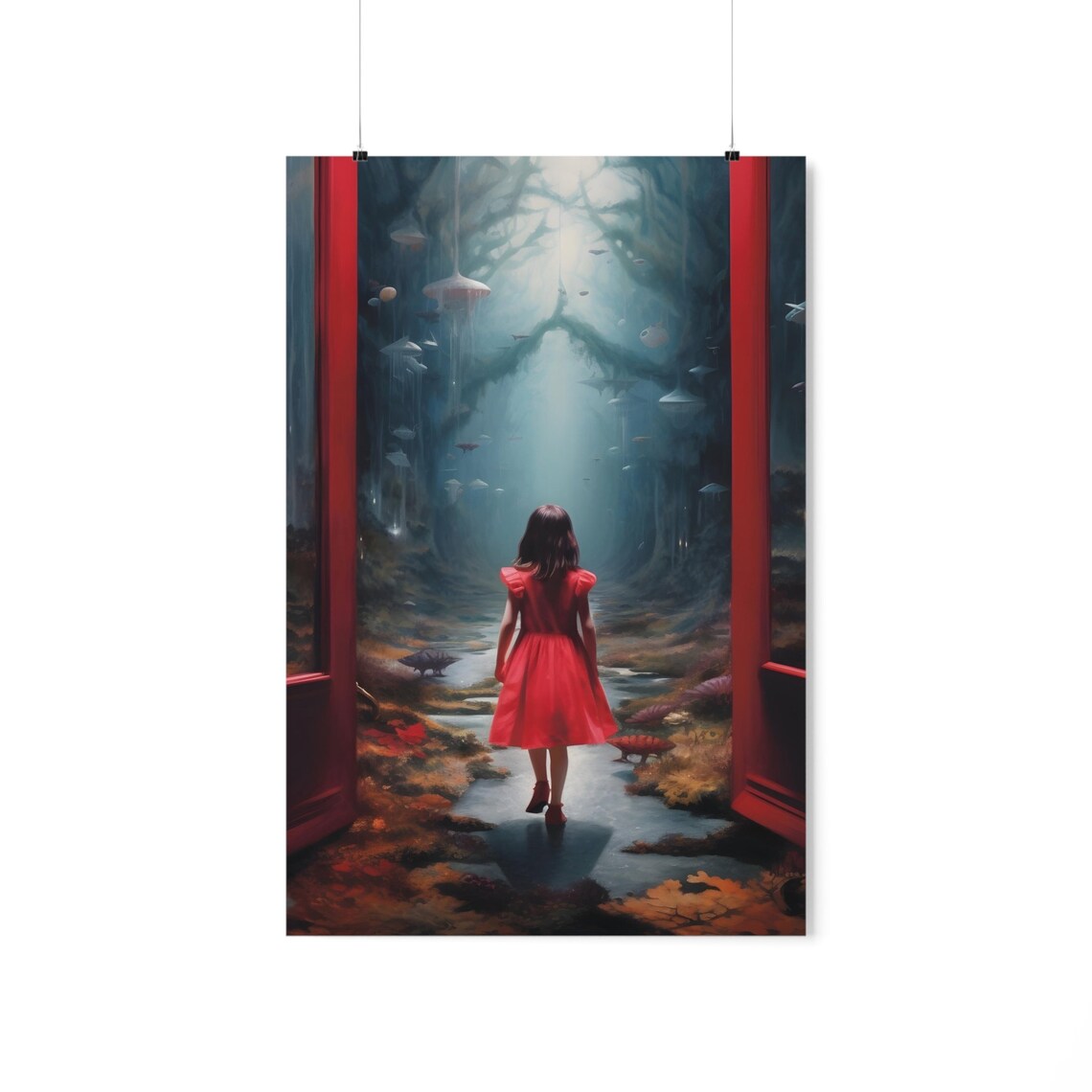 Surreal Forest Door Poster Girl in Red Dress Misty Umbrella Art