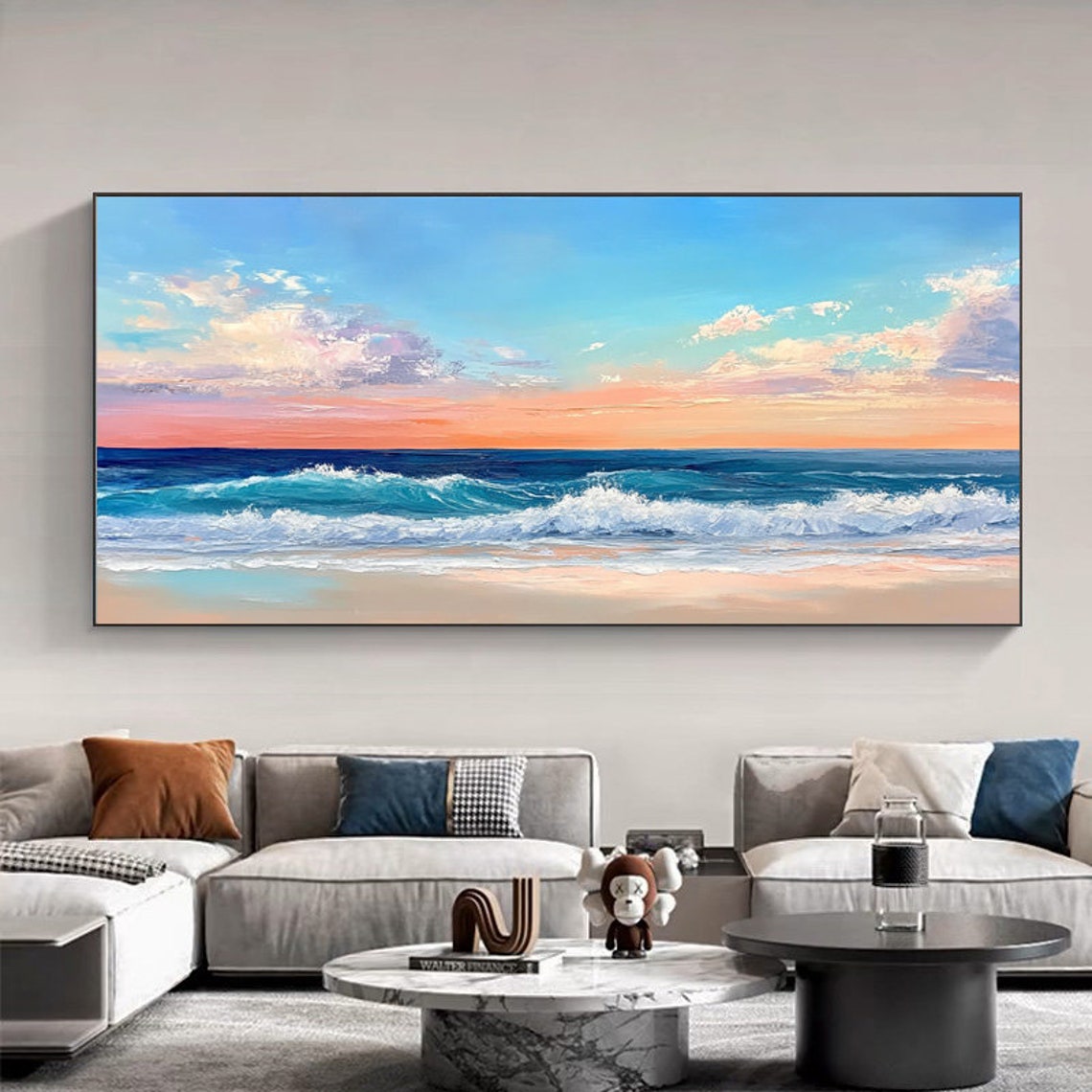 Pink Sunset Beach Waves Rolling Ocean Panoramic Seascape Art Poster - Image 2