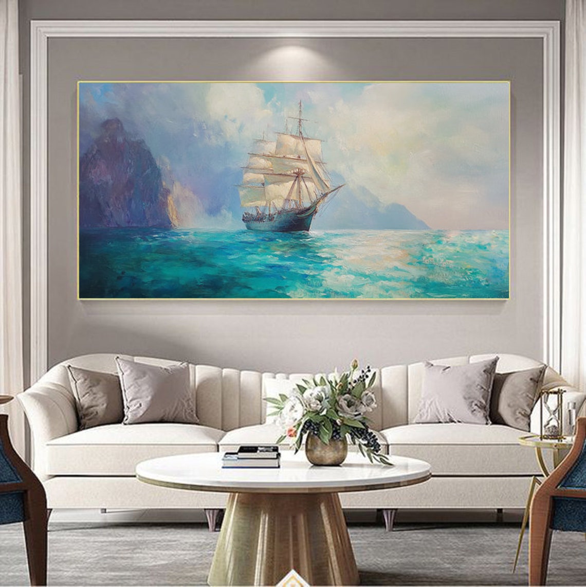Tall Ship Sailing Turquoise Sea Past Rocky Coastline Panorama Poster - Image 3