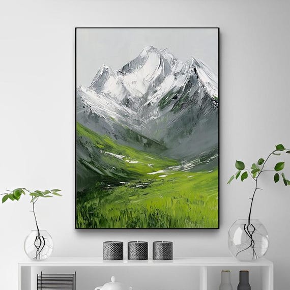 Hand Painted Abstract Oil Painting Snow Mountain And Green Meadow Modern Minimalist Original Wall Art For Living Room Entryway