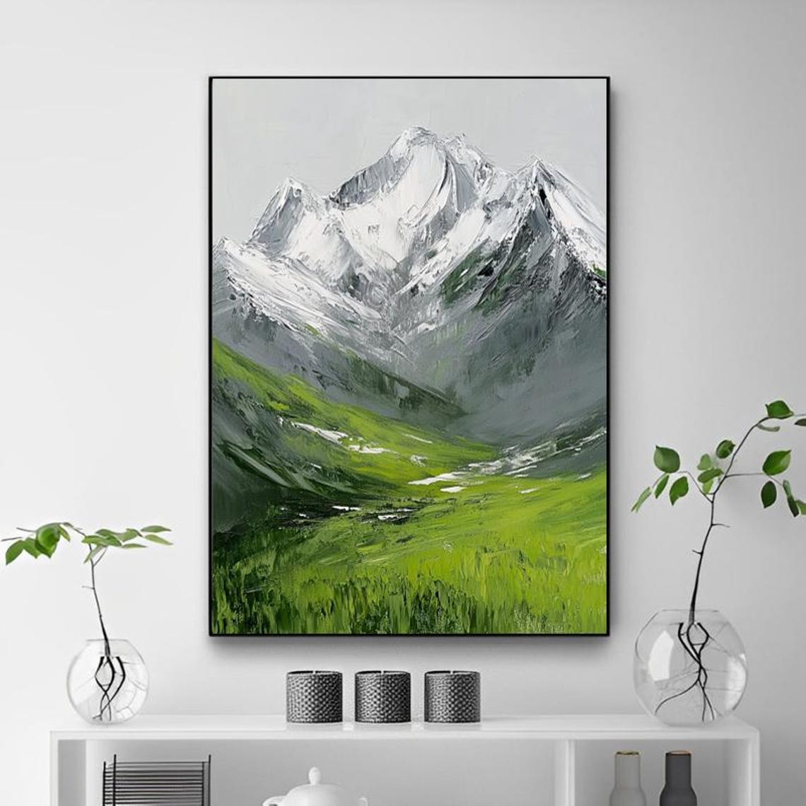 Snow Capped Mountain Peak Rising Over a Green Meadow Valley Poster
