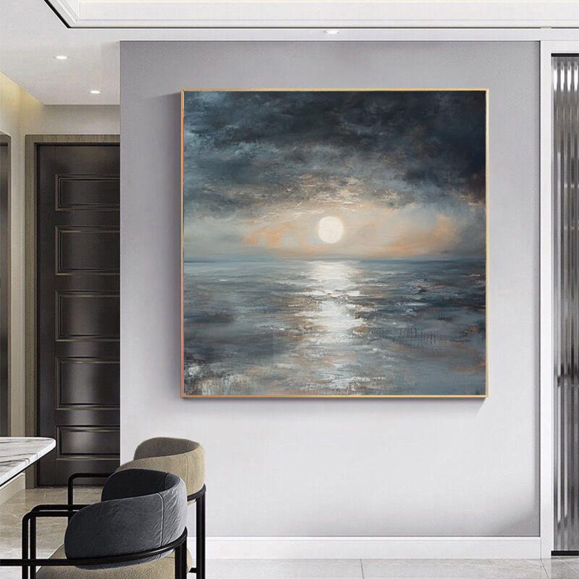 Moody Pale Sunrise Over Gray Ocean Under Storm Clouds Art Poster - Image 2