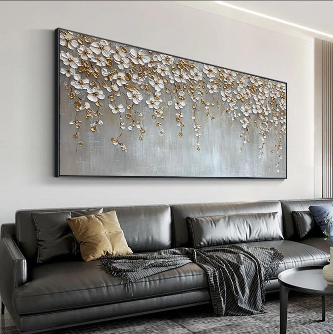White Hanging Blossom Branch Gold Accent Floral Art Painting Poster - Image 2