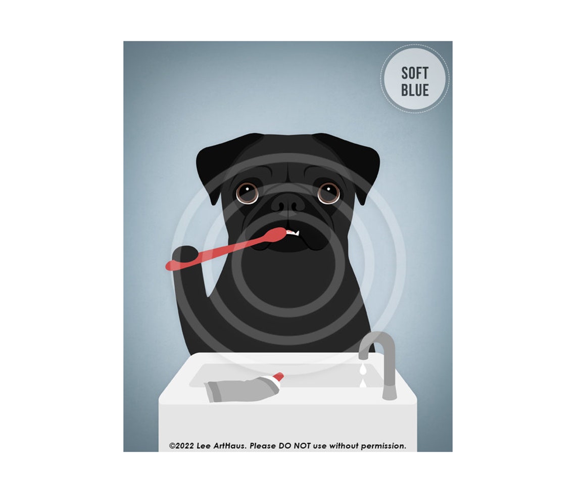 Black Pug Brushing Teeth With Red Toothbrush Funny Dog Bath Poster - Image 2